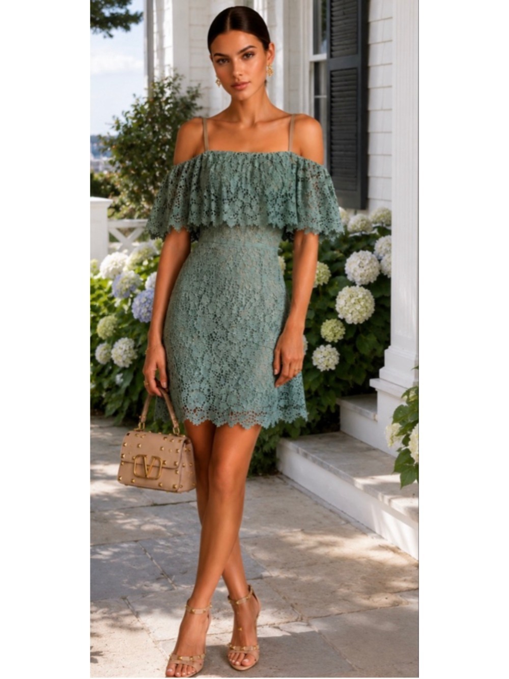 NWT Valentino Sage Green Lace Off-Shoulder Mini Dress Size 8/44